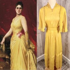 AUTHENTIC c1910s EDWARDIAN  DAYWEAR DRESS.  INCLUDES A UNIQUE SUNFLOWER 🌻 YELLOW COLOR, (A DEEP GOLDEN YELLOW)  SUCH A RARE COLOR FOR EDWARDIAN ERA!  DETAILS: LACE TRIM,  RUFFLES, PINTUCKS, & EMBROIDERY.  MADE WITH A LIGHT WEIGHT SHEER COTTON BATISTE FABRIC. FIT AND FLARE SILHOUETTE WITH ATTACHED BODICE . CUSTOM MADE. 1910s ERA. LIKELY A GOOD FIT FOR JUNIORS/TEENS.  SIZE: no labeles/Hook & eye closures down the back. please be sure to allow enough room for ease (it's recommended you allow a half inch to an inch for ease for comfort and movement )  dress form measurements: 32b x 22w For best fit-please refer to measurements below:  BUST- 32-33" HIGH BUST-SIDE SEAM TO SIDE SEAM- AT THE UNDERARM (MEASURED FLAT THEN DOUBLED) NATURAL WAIST 23"  BODICE LENGTH 14.5" SKIRT LENGTH 34.5" TOTAL LENG Sunflower Yellow Color, Batiste Fabric, Cotton Frock, Cotton Frocks, Frock Dress, Sunflower Yellow, Edwardian Era, Hook Eye, Golden Yellow