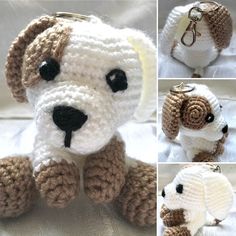 crocheted dog keychain with four different pictures of it's face