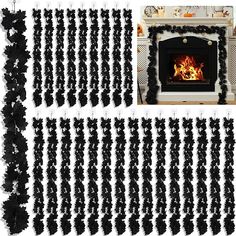 a fireplace that has been decorated with black ruffled garlands and candles on it