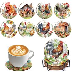 there are many plates and cups with roosters on them, along with a cup of cappuccino