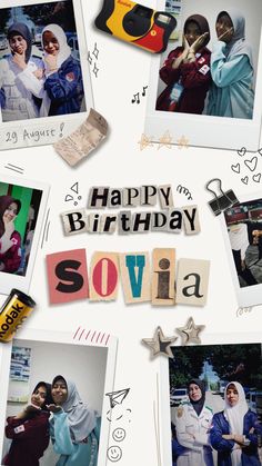 a group of people standing next to each other in front of a white background with the words happy birthday sovia written on it