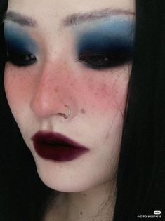 Cute Blue Eye Makeup, Blue Vampire Makeup, Goth Blue Eyeshadow, Blue Alternative Makeup, Goth Eye Looks, Blue And Red Makeup Looks, Cute Gothic Makeup, Fun Goth Makeup, Purple Grunge Makeup