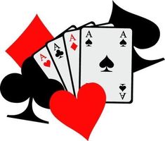 four playing cards with hearts and spades on them, all in black and red