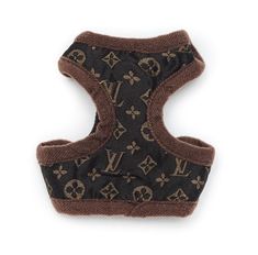 a brown and black dog harness with louis vuitton print on the front,