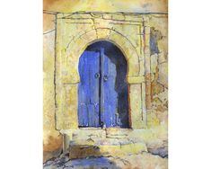 a painting of a blue door in an old building