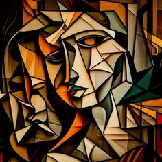 an abstract painting of a woman's face with many different colors and shapes on it