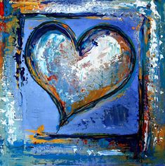 an abstract painting of a heart on a blue background