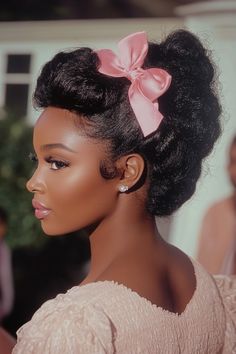 Elegant Hair Black Women, Natural Hair Glam, Dolled Up Aesthetic, 19s Hairstyles, 00s Summer Aesthetic, Princess Era Aesthetic, Black Femininity Pink, Long Black Natural Hair, Vintage Curls Black Women