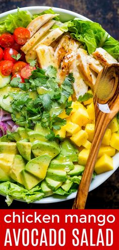 a salad with chicken, avocado, tomatoes and lettuce