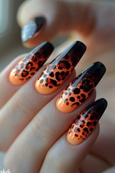 Wild Acrylic Nail Designs, Fall Nails Colorful, Black Nails With Color, Nail Art Designs Leopard, Warm Nail Colors, Black And Orange Nails, Leopard Nail Art, Beautiful Nail Art Designs, Cheetah Nail Designs