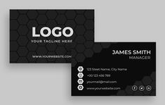 a black and white business card with hexagons on the front, side and back