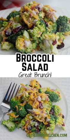 broccoli salad with cheese and cranberries on a white plate next to a fork