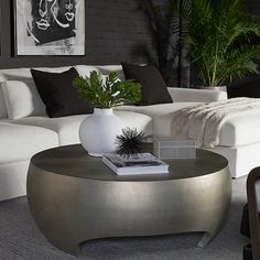 a living room with a couch, coffee table and potted plant in the center