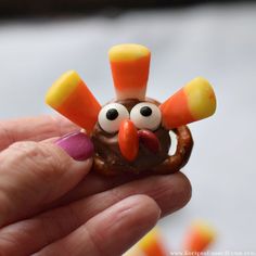 a hand holding a tiny toy turkey with candy on it's nose and eyes