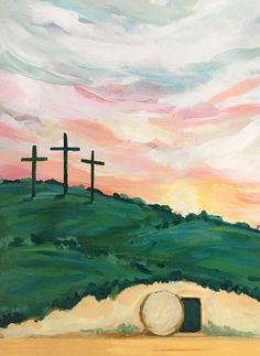 a painting of three crosses on top of a hill