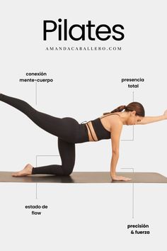 a woman doing pilates with the words above her and below it, there is an