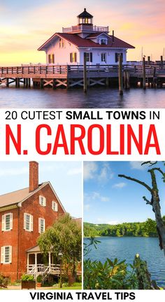 the front cover of a small town in north carolina with pictures of houses, trees and water