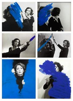 four different pictures of women with blue paint on them and one woman holding a brush