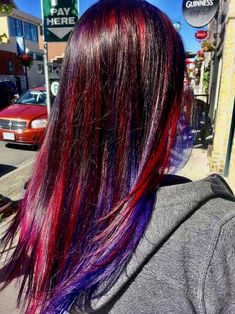 Red Purple Hair With Highlights, Purple Hair Color Ideas Highlights, Dark Purple Hair With Red Highlights, Black Hair With Red And Purple Highlights, Red Blue Purple Hair Highlights, Red And Blue Highlights Hair Color Ideas, Red And Purple Highlights On Dark Hair, Blue And Red Highlights In Black Hair, Red Blue Hair Color