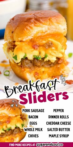 an advertisement for breakfast sliders on a plate with eggs, cheese and other toppings