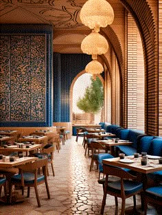 the interior of a restaurant with blue booths and wooden tables in front of an archway