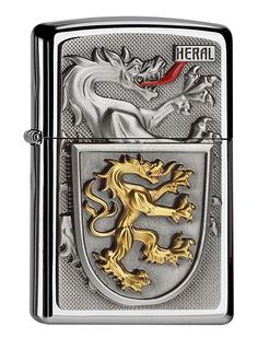 a zippo lighter with a golden lion on it's front and the word ferrari in