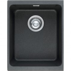 an image of a black kitchen sink with the drain on it's right side