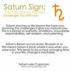 an orange and white poster with the caption saturn sign, the discipline planet challenges you will face