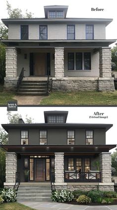 the before and after pictures of a two story house with porches on each floor