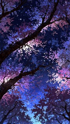 the night sky is filled with stars and purple trees are silhouetted against blue skies