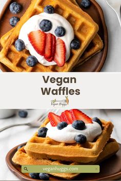 two waffles with strawberries and whipped cream on top, one is topped with blueberries