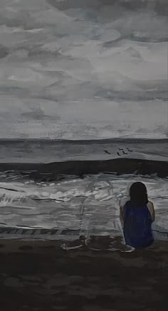 a painting of a person sitting on the beach