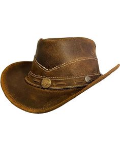 Genuine Leather: These western style outback hats are crafted from high-quality leather for durability and a classic look. Adjustable String: Features a convenient string inside the hat for easy bending and customization to fit your head comfortably. Timeless Cowboy Style: Embrace the rugged charm of the Wild West with this classic cowboy hat design. Versatile Wear: Perfect for ranching, rodeos, outdoor adventures, or simply adding a western touch to your everyday outfits. Handcrafted Quality: E Country Style Leather Hat Bands For Rodeo, Country Style Brown Hat With Concho, Western Leather Hat Bands For Country Events, Rustic Leather Hat Bands For Outdoor, Rugged Leather Hat Bands For Ranch, Leather Western Hat Bands For Country Events, Adjustable Leather Hats For Ranch, Leather Fedora For Ranch, Western Leather Hat Bands For Rodeo