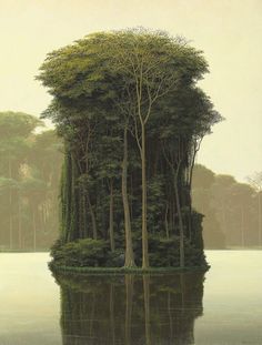 a painting of trees in the middle of water