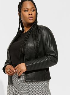 Faux Leather Collarless Moto JacketFaux Leather Collarless Moto Jacket, DEEP BLACK Plus Size 90s Fashion, Plus Size 90s, Techno Outfit, Black Moto Jacket, Womens Quilted Jacket, New Street Style, Standing Collar, Faux Leather Moto Jacket, Types Of Jackets