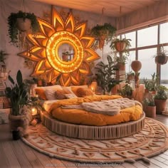 a large bed sitting in the middle of a room next to a giant sun shaped mirror