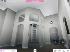 a virtual view of an empty room with white walls and arches on the ceiling is shown