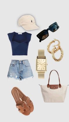 Light Blue Bag Outfit Summer, Europe Style Summer, Outfits With Hermes Sandals, Blue Sandals Outfit Summer, Chic Summer Outfits Aesthetic, Marthas Vineyard Outfit Summer, Blue Outfit Aesthetic Summer, Gold And Blue Outfit, Outfit Ideas With Sandals