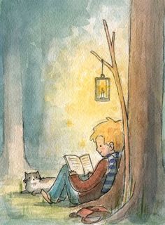 a drawing of a boy reading a book next to a tree with a cat on it