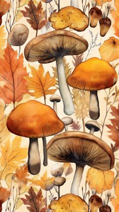 watercolor painting of mushrooms and autumn leaves