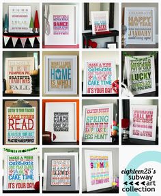 some framed pictures with words on them and the words in each frame are different colors