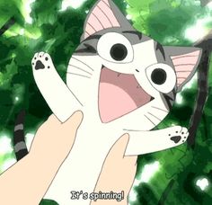 a hand holding up a cartoon cat with its mouth open and it's smiling