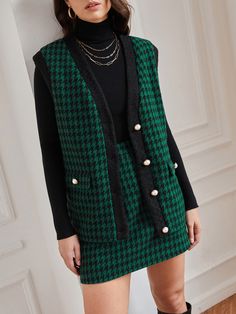 Green Elegant Collar Sleeveless  Houndstooth  Embellished Non-Stretch  Women Co-ords Cardigan With Skirt Outfit, Sabrina Style, Tweed Vest, Cosy Winter, Co Ords, Two Piece Outfit, Skirt Outfits, Classy Outfits, Vest Jacket