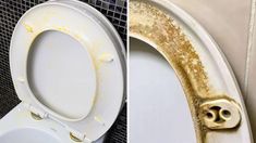 two pictures side by side, one showing the inside of a toilet and the other with gold paint on it