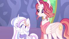 two pinkie ponies standing next to each other in front of a purple background