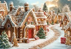 a christmas scene with gingerbread houses and trees