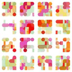 an abstract set of letters made up of circles and dots in different colors, including red, green, yellow, pink, orange