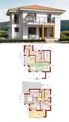 two story house plans with floor plans and elevation details for the second story, from top to bottom