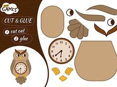 an owl cut out and glues it's face next to a wall clock