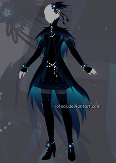 a drawing of a woman with blue hair and black clothes, standing in front of a dark background